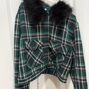 Maeve Green and Pink Plaid Jacket with Faux Fur Collar